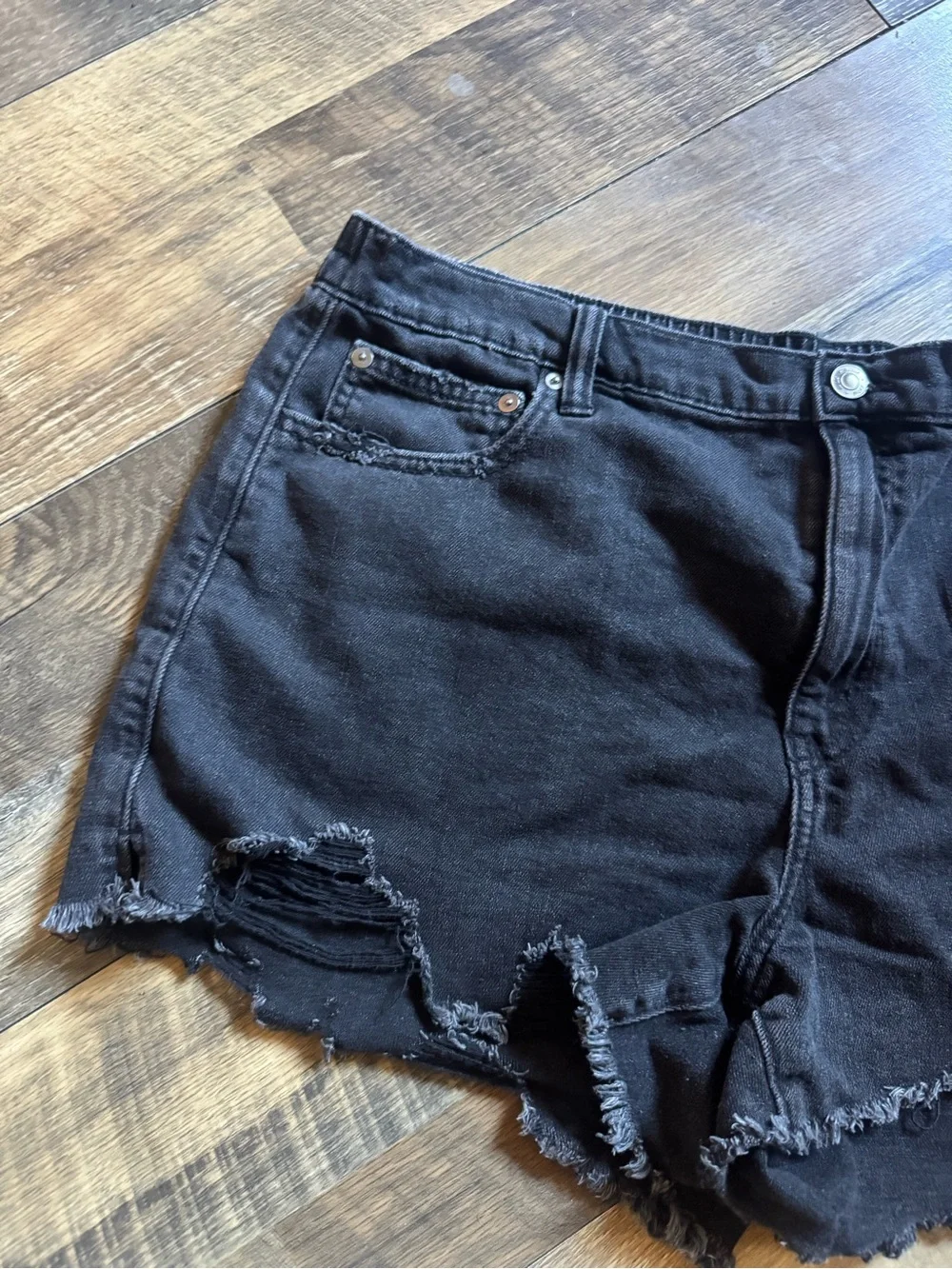 aerie Black Distressed Cutoff Denim Shorts - Picture 3 of 8